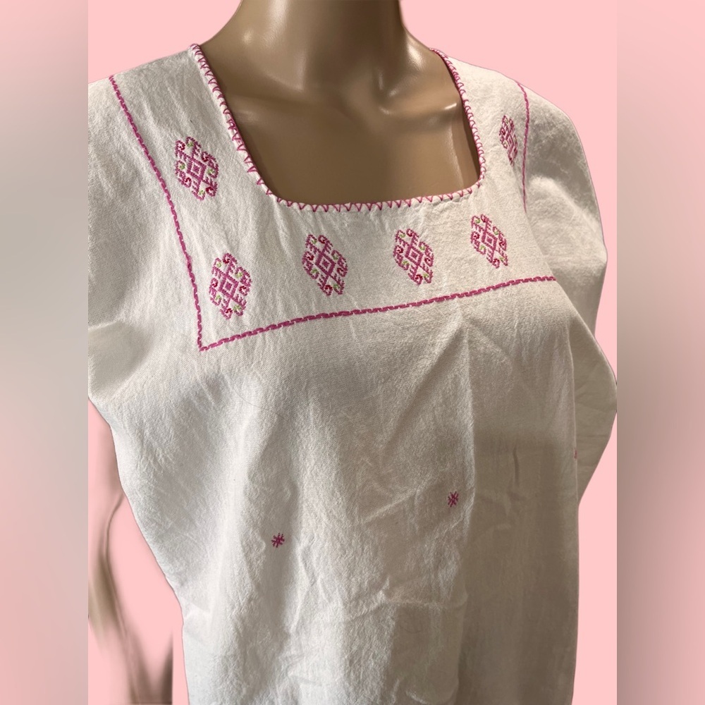 Cross stitched Embroidered White and Pink Women's Huipil tunic top artisan made - Picture 2 of 6